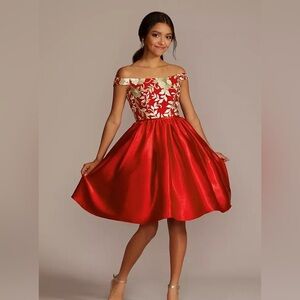 NWT Fifteen Roses Davids Bridal Off-the-Shoulder Mini A-Line Red Gold Size 20